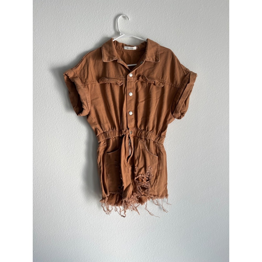 Idem Ditto Jumpsuit Womens Small Brown Frayed Hem Cuffed Sleeve Distressed‎